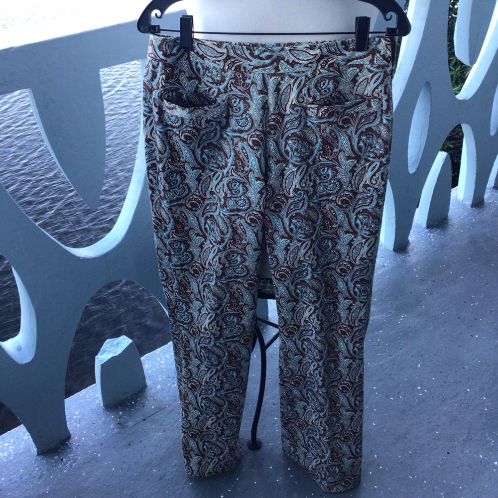 Etcetera Cotton Spandex Blend Dress Pants Turquoise and Brown Paisley Pattern